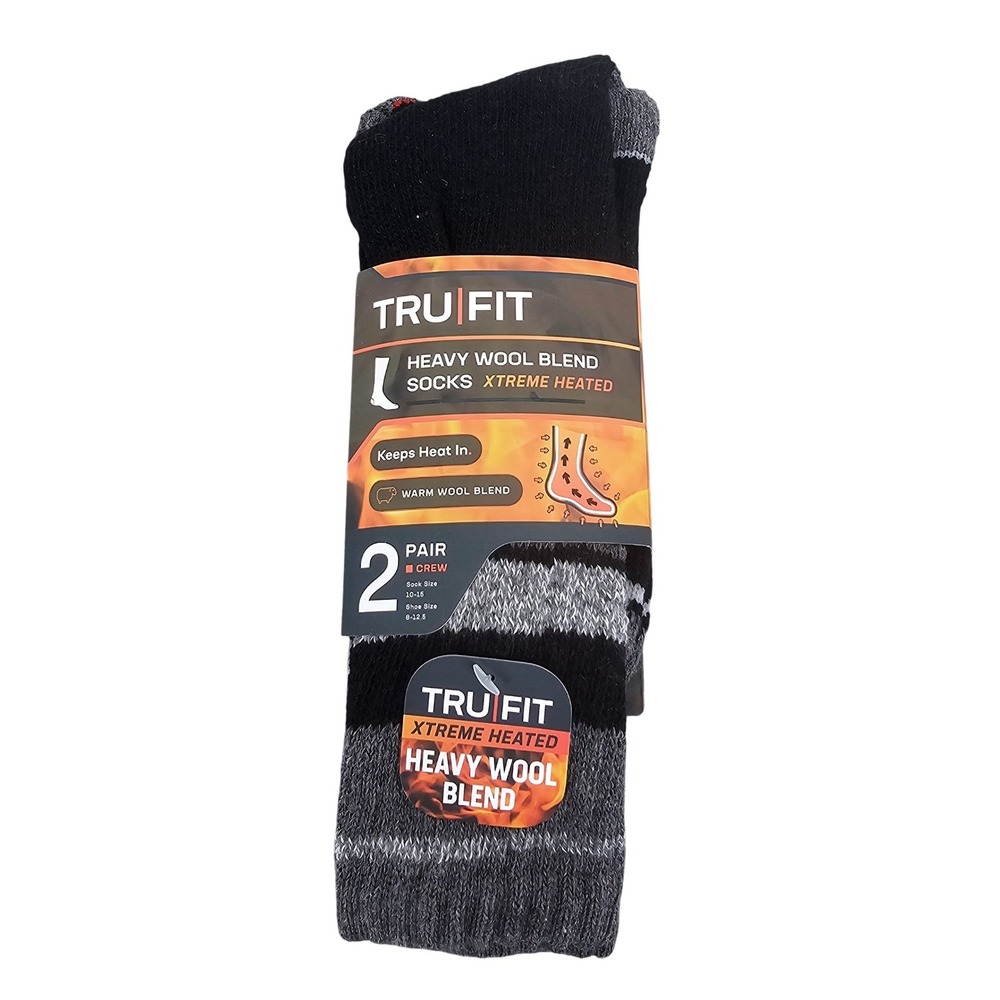 Tru Fit 2 Pair Heavy Wool Blend Xtreme Heated Crew Socks Black Gray TW2150-2